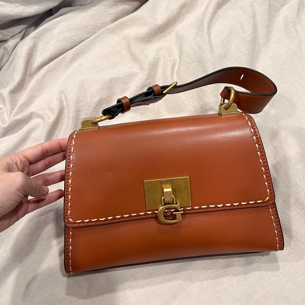 Guess Tan Leather Shoulder Bag with Gold Accents